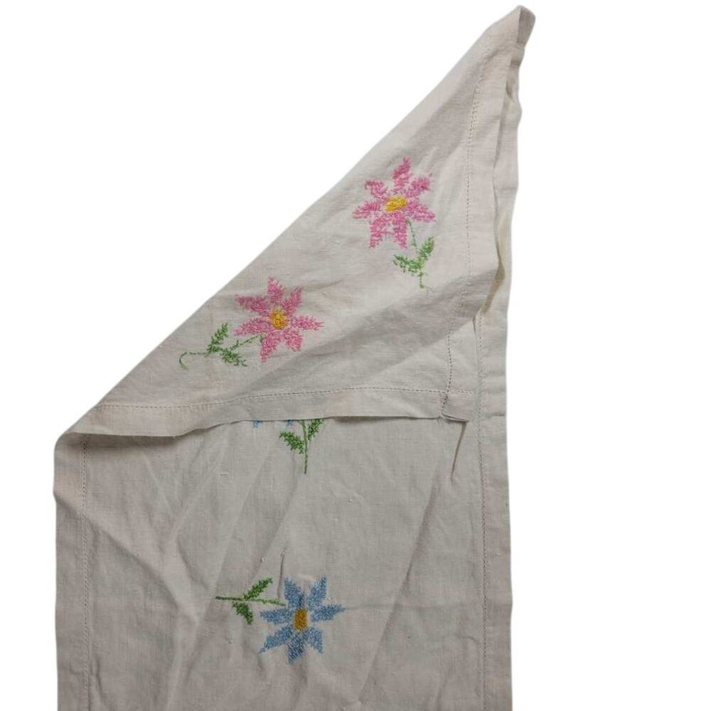 🌸 Vintage Hand-Embroidered Floral Table Runner – Pink & Blue Flowers – 39x13” - Picture 2 of 4